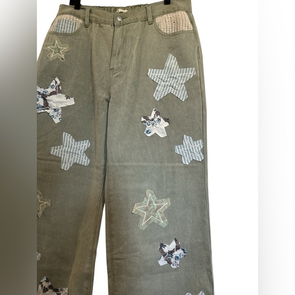POL Olive Green Wide-Leg Pants with Beautiful Embroidery and Patchwork - Picture 4 of 8